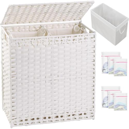 SETVSON Laundry Hamper with Lid Wicker Laundry Basket 112 L (29.6 Gal) Laundry Hampers Handwoven Rattan Clothes Hamper with Handles 3 Removable Liner Bag, 6 Mesh Bags for Bathroom Bedroom White