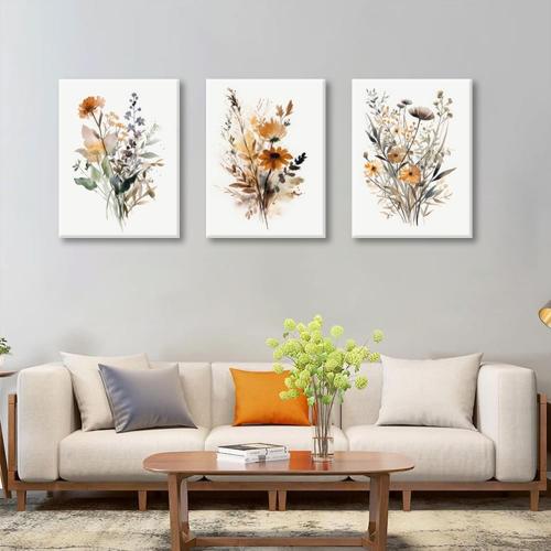 Bwodke Framed Wildflower Wall Art Colorful Botanical Floral Poster Canvas Prints Set of 3 Minimalist Watercolor Flower Pictures Vintage Farmhouse Decor Painting Bedroom Bathroom Living Room 16x24