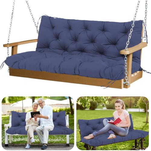 Porch Swing Cushions Outdoor 60 inch Waterproof Thicken 5 Backyard Swing Cushion with Backrest and Ties 2-3 Seat Outdoor Swing Cushions Replacement for Porch Patio Garden Lawn(Navy Blue) (top corner ripped)
