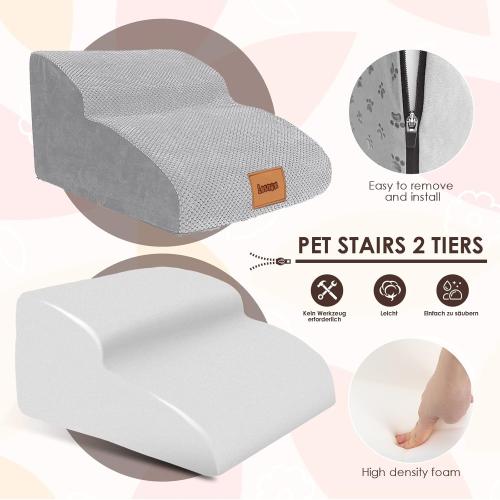 Grey 11.8H Extended Dog Stairs, 2 Step, 30D Foam Pet Stairs with Waterproof Cover,Dog Step for Small Dogs Cats with Old/Injured, 11.8 H,Wider Step
