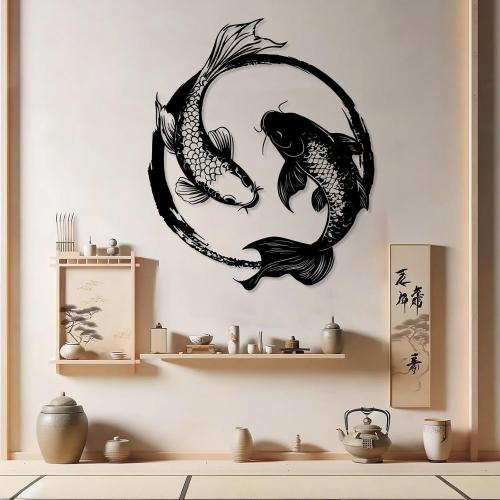 Metal Koi Fish Wall Decor, Koi Fish Metal Wall Art, Feng Shui Koi Fish, Yin Yang Wall Art, Zen Art Wall Decor, Feng Shui Home Design, Spiritual Metal Sign, Bathroom Wall Decor (Gold, 30x35|75x90cm)