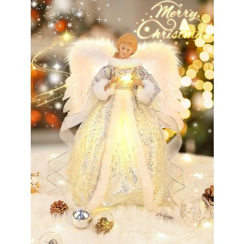 HOHOTIME 14'' Angel Tree Topper with White Feather Wings and Silver Skirt, Christmas Tree Topper with LED Light for Xmas Tree Top Decor Holiday New Year Home Ornament Decorations