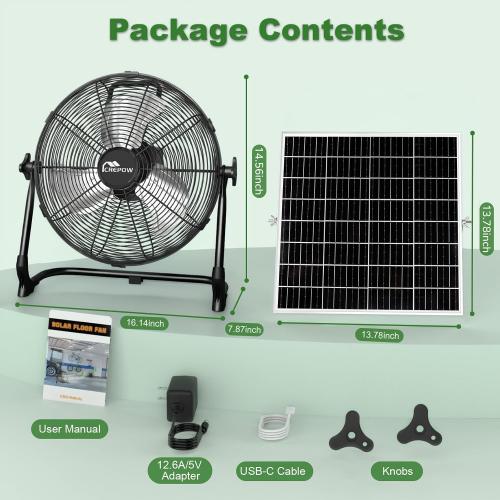 DIRTY AND USED !!!! 12 Solar Powered Floor Fan, Rechargeable Battery Operated Floor Fans with USB&Type C Output, 4.5-27H Runtime, Quiet Cordless Outdoor Fan for Outside Camping Greenhouse Shed Power Outage