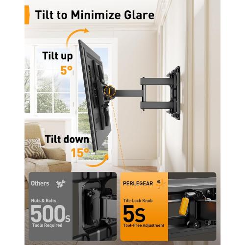 Perlegear Full Motion TV Mount for 32-69 Inch TVs up to 99 lbs, Max VESA 400x400mm, Fits 16”/12” Wood Studs, Height Adjustable Pre-Assembled TV Wall Mount, Tool-Free Tilt, Swivel & Extension, PGMF21.
