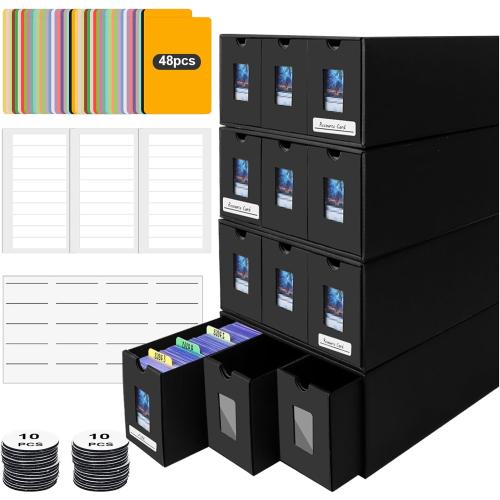 Color Black 7200  Card Storage Box, 1300  Toploader Storage Box for Commander Display,with 48 Dividers, Labels & Tapes,Fit for TCG, PTCG, MTG