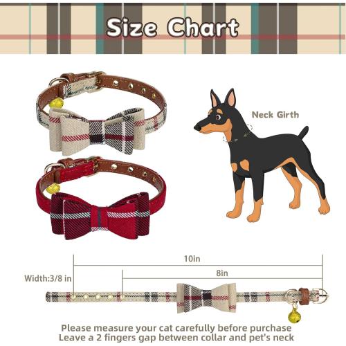 PUPTECK Puppy Collar with Bell XXS Dog Collar Charm Adjustable Bowtie Soft Leather for Cats Kittens Extra Small Dogs 2 Packs