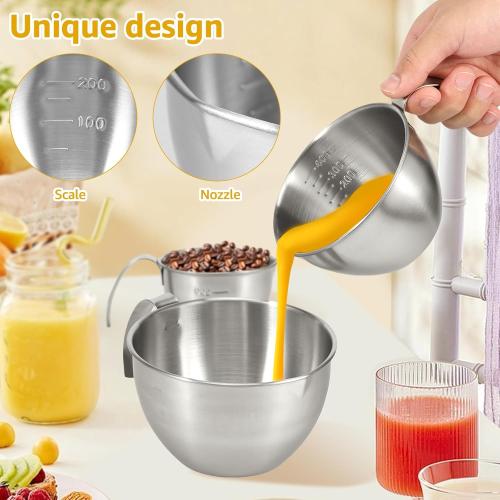 Stainless Steel Mixing Bowl, 3 Sizes Nesting Bowl with Handle & Capacity Scale, Stackable Mixing Bowls, Nesting Whisking Bowl Set, Kitchen Food Storage Organizer for Cooking Baking Salad Prep