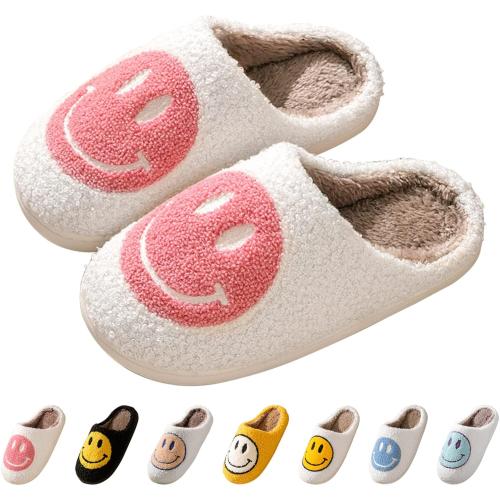 Bevaney Smile Face Slippers for Women - Soft Plush Retro Preppy Slip-on Comfortable Indoor/Outdoor Shoes (yellow size 8.5 - 9)