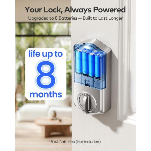 TEEHO TE012W WiFi Smart Lock, Fingerprint Door Lock with Built-in Wi-Fi, Keyless Entry Keypad Smart Deadbolt, App Remote Control, Alexa Compatible, IP55 Waterproof for Front Door – Satin Nickel