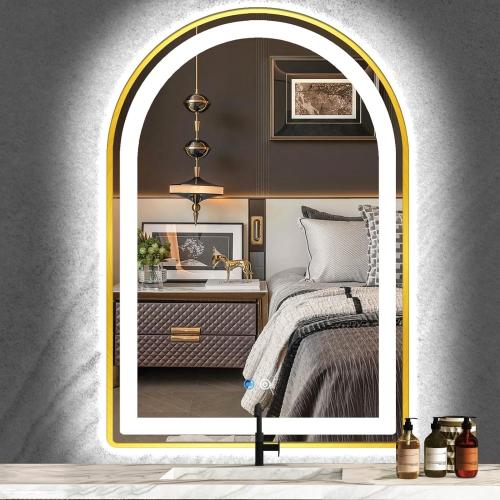 24 x 32 Inch Gold Arch LED Lighted Vanity Mirror for Bathroom Wall Makeup Desk Table Gold Arched Mirror with Lights AntiFog 3 Color Dimmable Bathroom 32in Gold Arched Smart Light up Mirror