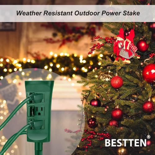 Size 30ft BESTTEN Outdoor Power Stake with 30ft Ultra Long Extension Cord, 3-Outlet Power Strip with Weatherproof Protective Covers, ETL Listed, Green