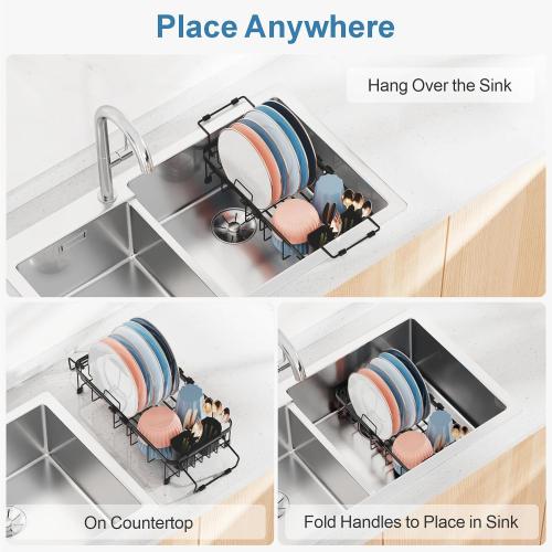 iSPECLE Small Sink Dish Drying Rack, 9 W Expandable Compact Rust Resistant Dish Drainer for RV Apartment Kitchen, Dish Rack with Lock Knob, Arms with Non Slip Rubber, Black