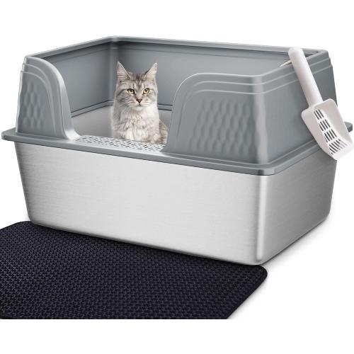 Vealind XXL Stainless Steel Cat Litter Box High Sided with Lid 23.7 L x 16 W x 14 H Anti Leakage Extra Large Metal Cat Litter Tray with Scoop and Mat for Big Cats (Grey)