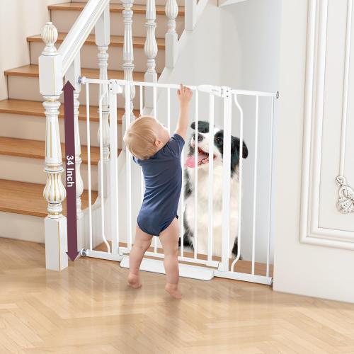 Size 34 Extra Color White Tall Baby Gate for Stairs, Auto Close Stroller Friendly Dog Gate Indoor for Doorways, Pressure Mounted 29-40 Wide Baby Gate, Easy Walk Through Gate for Children & Pets, White