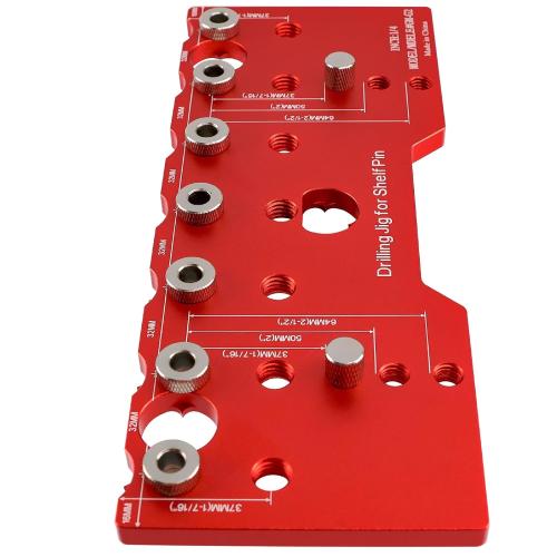Shelf Pin Jig, 6mm Cabinet Adjustable Drill Guide, 1/4 Inch Aluminum Shelf Pin Drilling Jig Drilling for Straight Hole Shelf Pin Drilling Template Woodworking Tools, Red