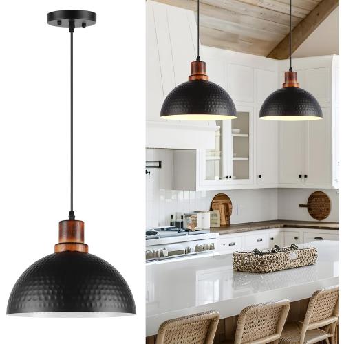 Size 11.8 Color Black Pendant Lights Kitchen Island, 11.8 Hammered Metal Black Dome Pendant Lighting Black and Wood Pendant Light Fixture Hanging Ceiling Light for Dining Living Room Restaurant Sink