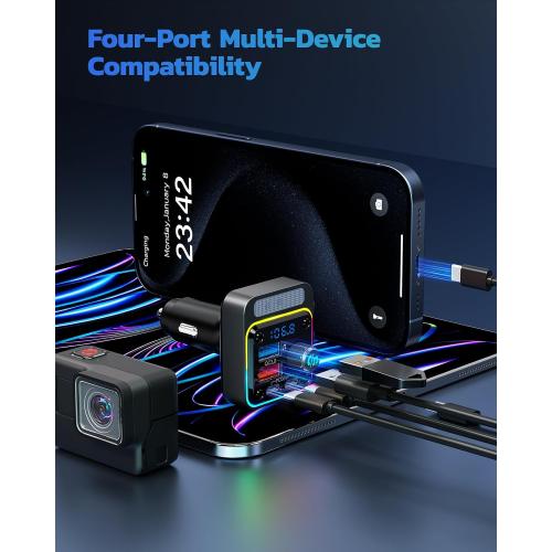 Nulaxy 54W Bluetooth 5.3 Car Adapter, FM Transmitter 4-Port Fast Charging | Wireless FM Radio Music Player with Deep Bass, 5 Colors LED Backlit, Hands-Free Calling, PD&QC Car Charger Support USB Drive