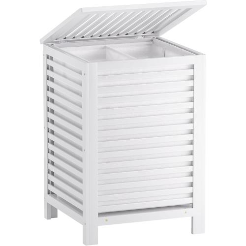 SMIBUY Double Laundry Hamper with Lid, 120L Bamboo Laundry Basket with Removable Liner Bag, 2-Section Clothes Divider Laundry Sorter for Laundry Room, Bathroom, Bedroom (White)