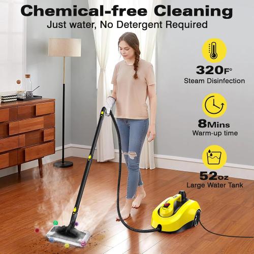 Yellow TVD Steam Cleaner, Heavy Duty Canister Steamer with 26 Accessories, Steam Mop with 5M Extra-Long Power Cord for Home Floor Cleaning, Grout, Upholstery, Car Detailing