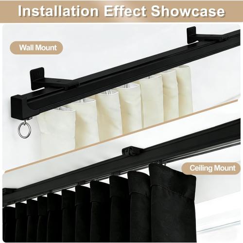 MaKefeile Ceiling Curtain Track, Heavy Duty Curtain Tracks System for Room Divider, Wall Mount Sliding Curtain Rail with Clip and Hooks Set for Living Room, Bedroom, Shower, Outdoor, Black, 3ft-6ft