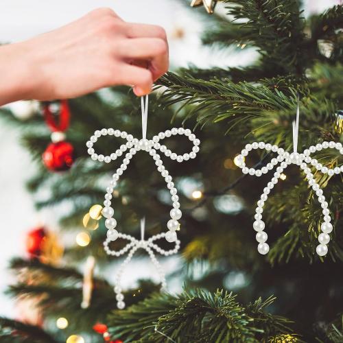 12 Pcs Pearl Bow Ornaments Bowknot Tree Topper Decor Hanging Ornament Pendant Gift for Wedding Birthday Party Indoor Decoration (White)