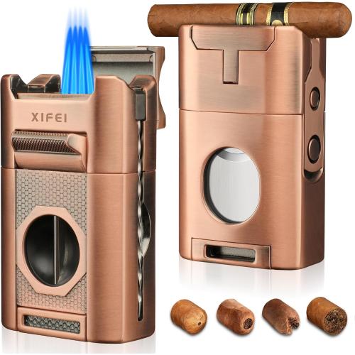 XIFEI 6-in-1 Desktop Lighter, 4 Jet Flame Torch with Straight & V-Cut Cutter, Dual Cigar Punch, Cigar Draw Enhancer, Holder, Refillable Butane Lighter with Gift Box (Bronze)