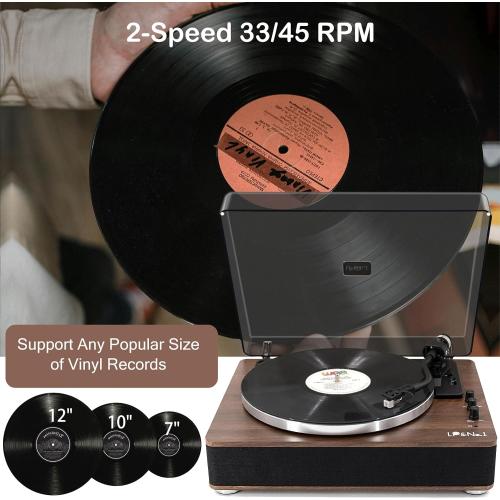 Color Brown and Black LP&No.1 Vinyl Record Player with Built-in Speakers, Vinyl Turntable with Magnetic Cartridge, Wireless,USB Recording and Playback,BT Out, Aux-in, Headphone Output,Auto Off, AT-3600L, 2-Speed Player