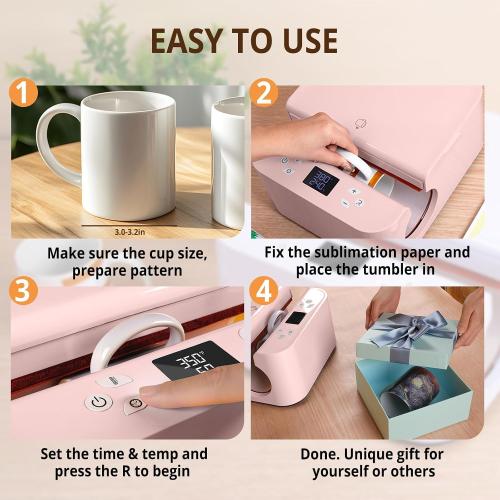 HTVRONT Auto Tumbler Heat Press Machine - Mug Heat Press Heat Up Fast & Even, Professional Tumbler Press High-Security for 2.95-3.18inch Sublimation Tumblers, Cups, Glasses and Mugs (Pink)