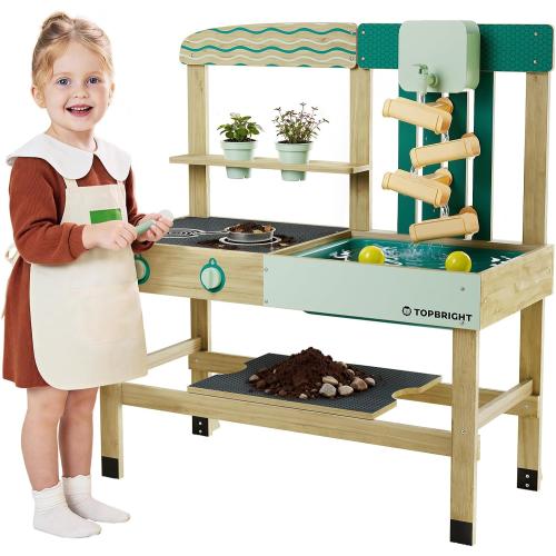 TOP BRIGHT 4 In 1 Mud Kitchen for Kids, Wooden Outdoor Playhouse for Water & Sand Play, Cooking & Gardening Playset with Accessories, Sensory Table Set, Backyard Pretend Play Toy for Boys Girls Ages 3