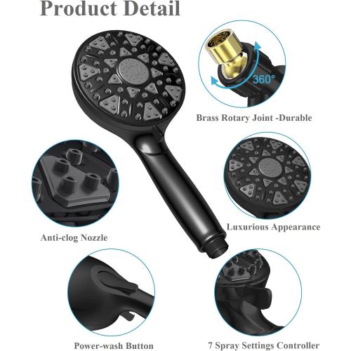 High Pressure Shower head with Handheld 7 Modes, Built-in Power Wash to Clear Tub. Tile & Pets, 5” High Flow Hand Held Hydro Rain Showerhead with Stainless Steel Hose and Adjustable Bracket-Matt Black