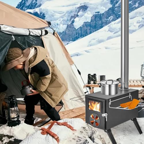 Portable Wood Stove, Foldable Hot Tent Stove, Wood Burning Stove with Chimney, No Smoke Leakage & Easy to Install, for Camping, Hunting, Ice Fishing, Cooking