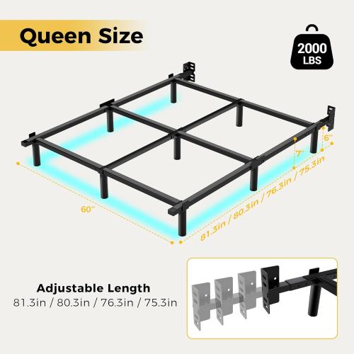 Queen Bed Frame with Smart LED Lights, 7 Inch Basics Metal Bed Frame, Heavy Duty 9-Leg Base for Box Spring and Mattress, Noise-Free, Easy Assembly, Black