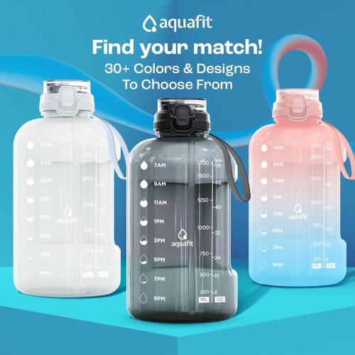 Size 64oz Color White AQUAFIT Half Gallon Water Bottle with Time Marker - Straw & Chug Lid - BPA Free Gym Water Bottle with Straw - Big Gallon Jug ( 64 oz - 2in1 Lid)