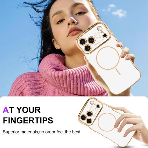 Fiyart Designed for iPhone 17 Pro Max Case 2025, Cute Wave Frame Curly Shape Love Hearts Plating for Women Girls Camera Protection Compatible with MagSafe Magnetic Shockproof Bumper 6.9-White