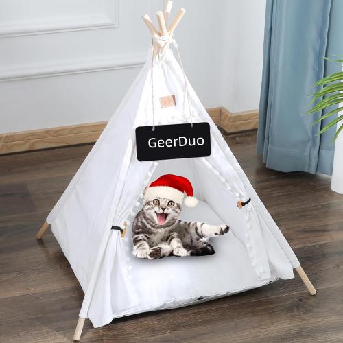 Pet Teepee, Portable Pet Tents for Small Dogs or Cats, Puppy Sweet Bed Washable Dog or Cat Houses with Cushion(White,24in)