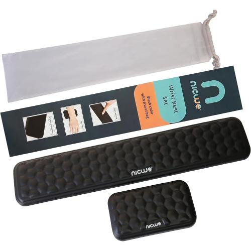 Ergonomic Keyboard Wrist pad Black with Memory Foam - Mouse Wrist Rest for Computer Keyboard, Waterproof, Nonslip. Arm Rest for Keyboard pad Reduce Wrist Fatigue. 2 Piece Pad with Travel Bag.