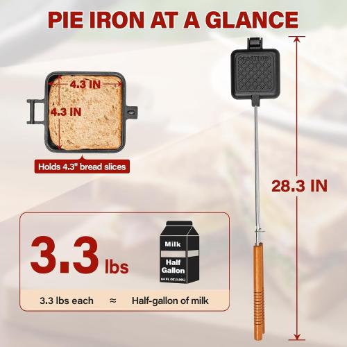 Mountain Pie Maker Cast Iron Set of 2 with Storage Bag – 5 Smores Sticks for Fire Pit, Camping and Outdoor Cooking