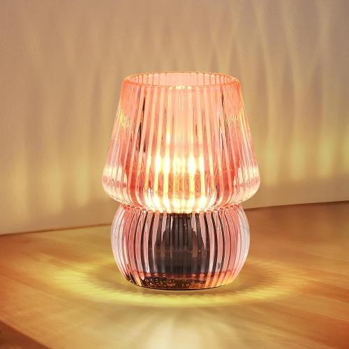 Small Battery Operated Lamp with Timer, Tiny Cordless Glass Table Lamp for Home Decor, Kitchen, Bathroom, Birthday Gift for Women, Mushroom, Pink