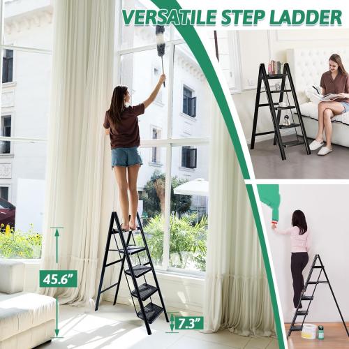 5-Step Folding Ladder for Home Use, Heavy-Duty Step Ladder with Anti-Slip Wide Steps, Portable Foldable Ladder, 330 lbs Load Capacity