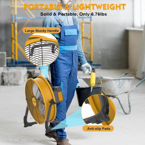 16 Battery Operated Floor Fan for Dewalt 20V Max Battery, Portable Fan with AC Adapter and USB Output, Metal Industrial High Velocity, Stepless Speed Cordless Fan for Jobsite Garage Camping Emergency