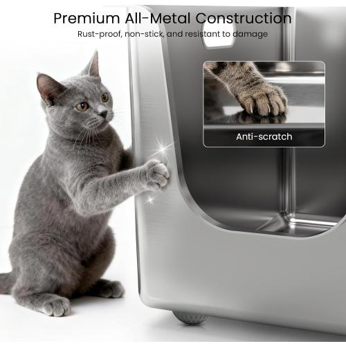 Stainless Steel Litter Box 13.7'' High Sides, XL Metal Cat Litter Box with Curved Low Entry, Cat Litter Pan for Big & Multiple Cats, Pet Toliet with Handy Wheels for Easy Moving