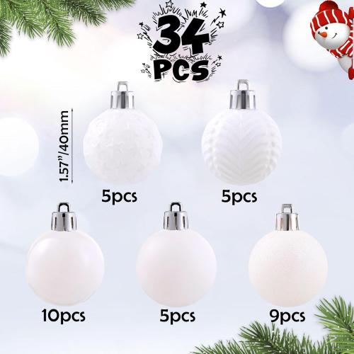 34ct White Mini Christmas Ball Ornaments Shatterproof Plastic Christmas Tree Decorations for Xmas Party Home Office Holiday Decor -Small Size (1.57/ 40mm)