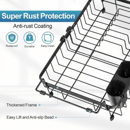 iSPECLE Expandable Dish Drying Rack for Kitchen Sink - Rust Resistant Adjustable Over The Sink Dish Drainer with Secure Locking Knob, 90° Anti-Slip L-Handles, 12.8 W x 12.4-17.1 L, Black