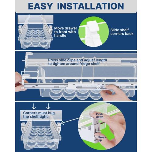 Skywin TidyFriend Refrigerator Egg Drawer 14x7.5x3.95 – Snap-On Egg Holder with Pull-Out Drawer, Holds 18 Eggs, Fits Flat Fridge Shelves 14.1–16.3 in Long and 0.93–1.32 in Thick