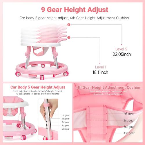 Pink Baby Walker Foldable with 9 Adjustable Heights, Baby Walker with Wheels Portable, Infant Toddler Walker for Baby Boy Girls 6-18 Months (Pink)