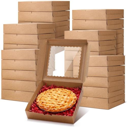Qinyoung 100 Pcs Pie Boxes 10x10x2.5 Inches Bakery Boxes with Window Cookie Containers with Window Auto-popup Cookie Box for Cookies, Pastries, Pies, Pastries, Muffins, Party Supplies (Brown)