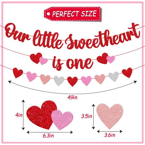 Our Little Sweetheart is One Banner Heart Garland for Kids Valentines Day 1st Birthday Party Decorations Romantic Red and Pink Glitter Party Supplies
