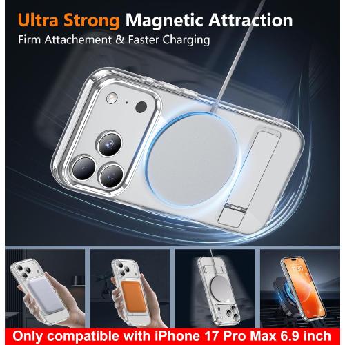 SPIDERCASE Magnetic for iPhone 17 Pro Max Case,with [3 Stand Ways] [Military Grade Drop Protection] with Invisible Stand Shockproof Slim Case for iPhone 17 Pro Max 6.9 inch,Clear