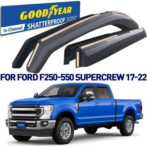 Goodyear Shatterproof in-Channel Window Deflectors for Ford F250 to F550 Super Duty 2017-2022 Crew Cab, Rain Guards, Window Visors for Cars, Vent Deflector, Car Accessories, 4 pcs - GY007733