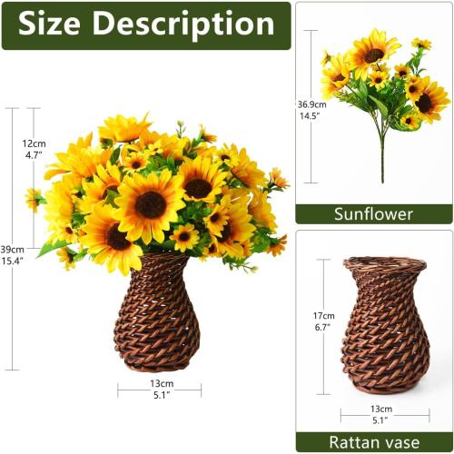 Homsunny Sunflowers Artificial Flowers Plants for Table Centerpieces Spring Decorations, 7 Pcs Fake Silk Floral Arrangements in Vase for Home Dinning Room Office Tabletop Decor(Handmade Red Rattan)